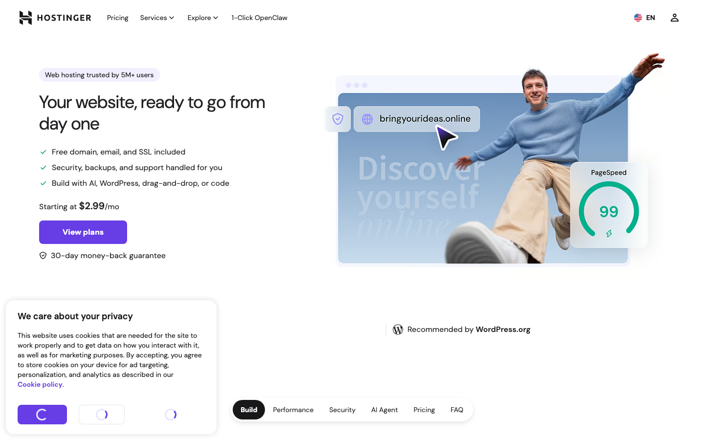 Hostinger official web hosting page, captured June 2026